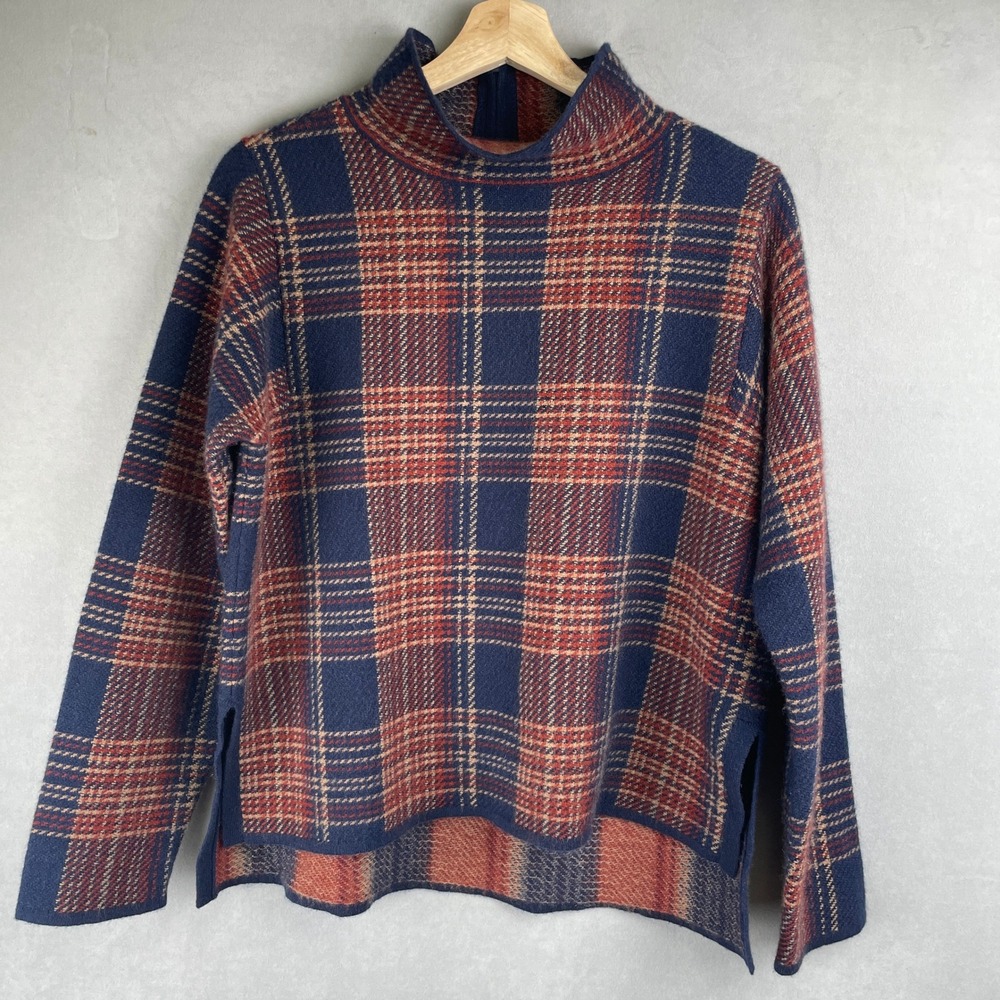 Nordstrom Signature Cashmere Tartan Plaid Mock Sweater Navy Rust Dark Academia S